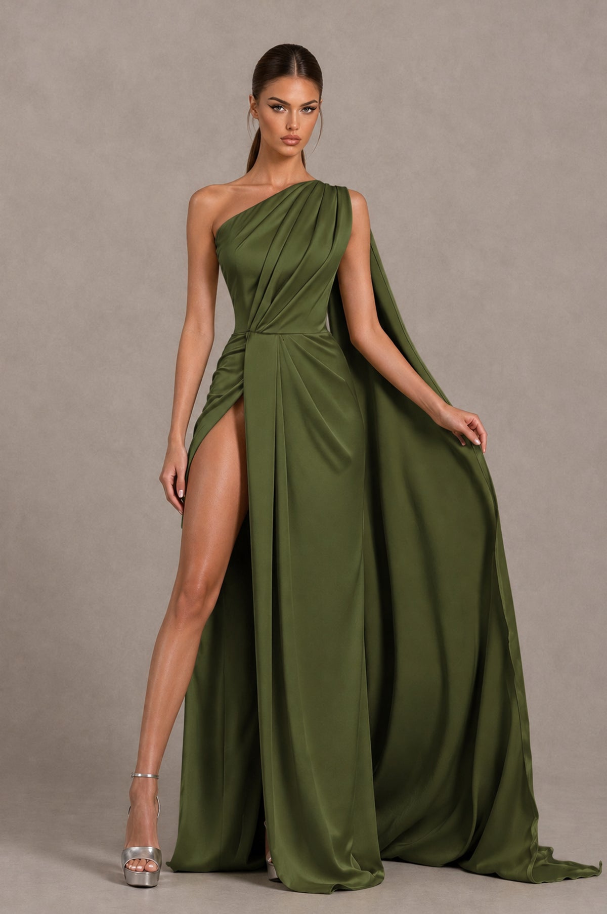 BOLODOO Olive Green One Shoulder Satin Evening Dress with High Slit and Draped Cape Train - Olive Green - Olive Green_3