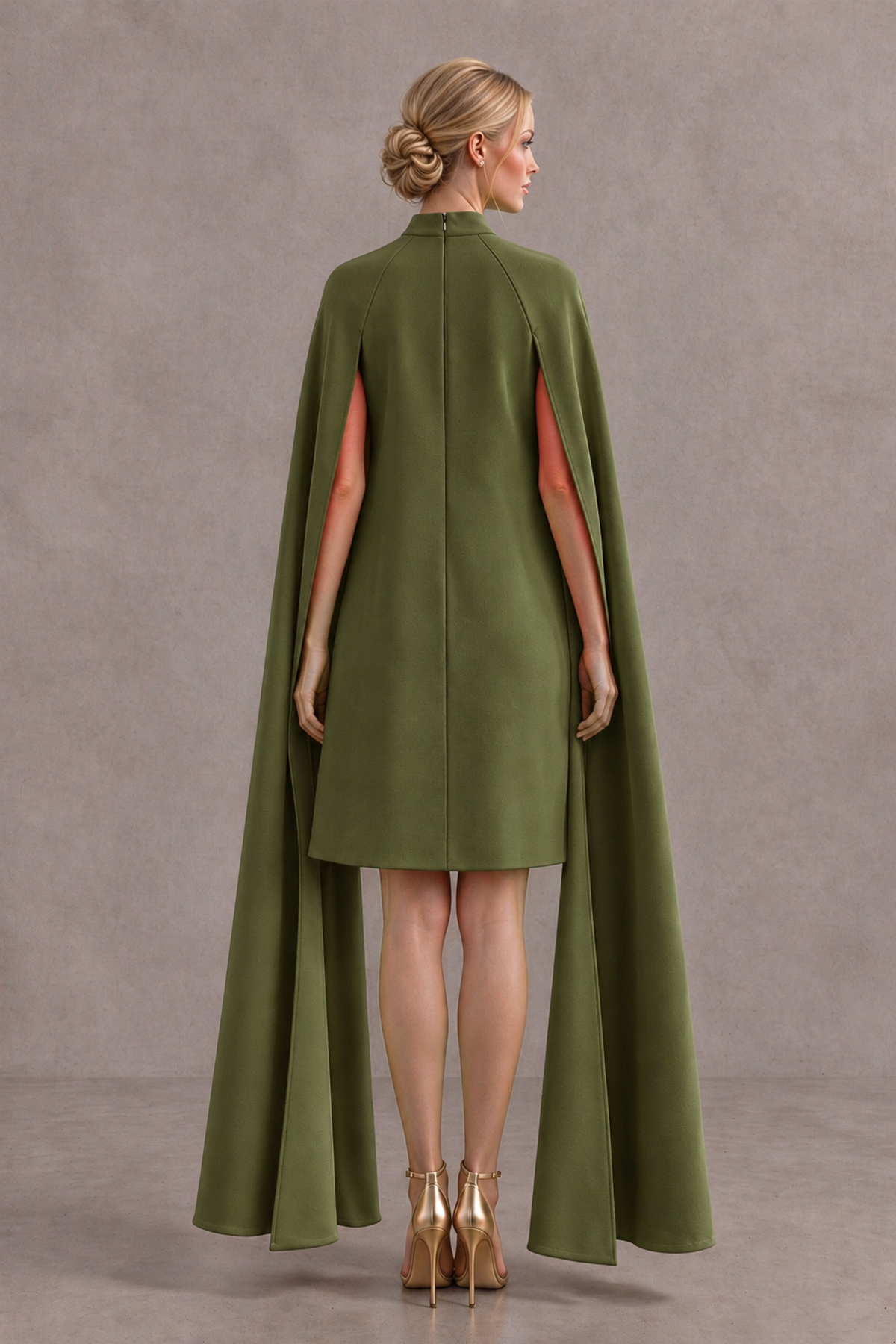 BOLODOO Olive Green High Neck Floral Cape Mini Cocktail Dress - Olive Green - Olive Green_3