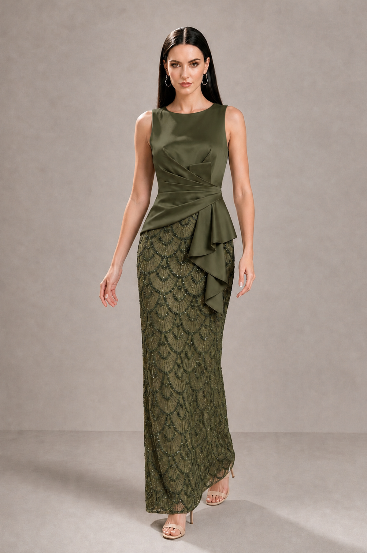 BOLODOO Olive Green Sleeveless Satin & Lace Peplum Evening Dress - Olive Green - Olive_Green_3