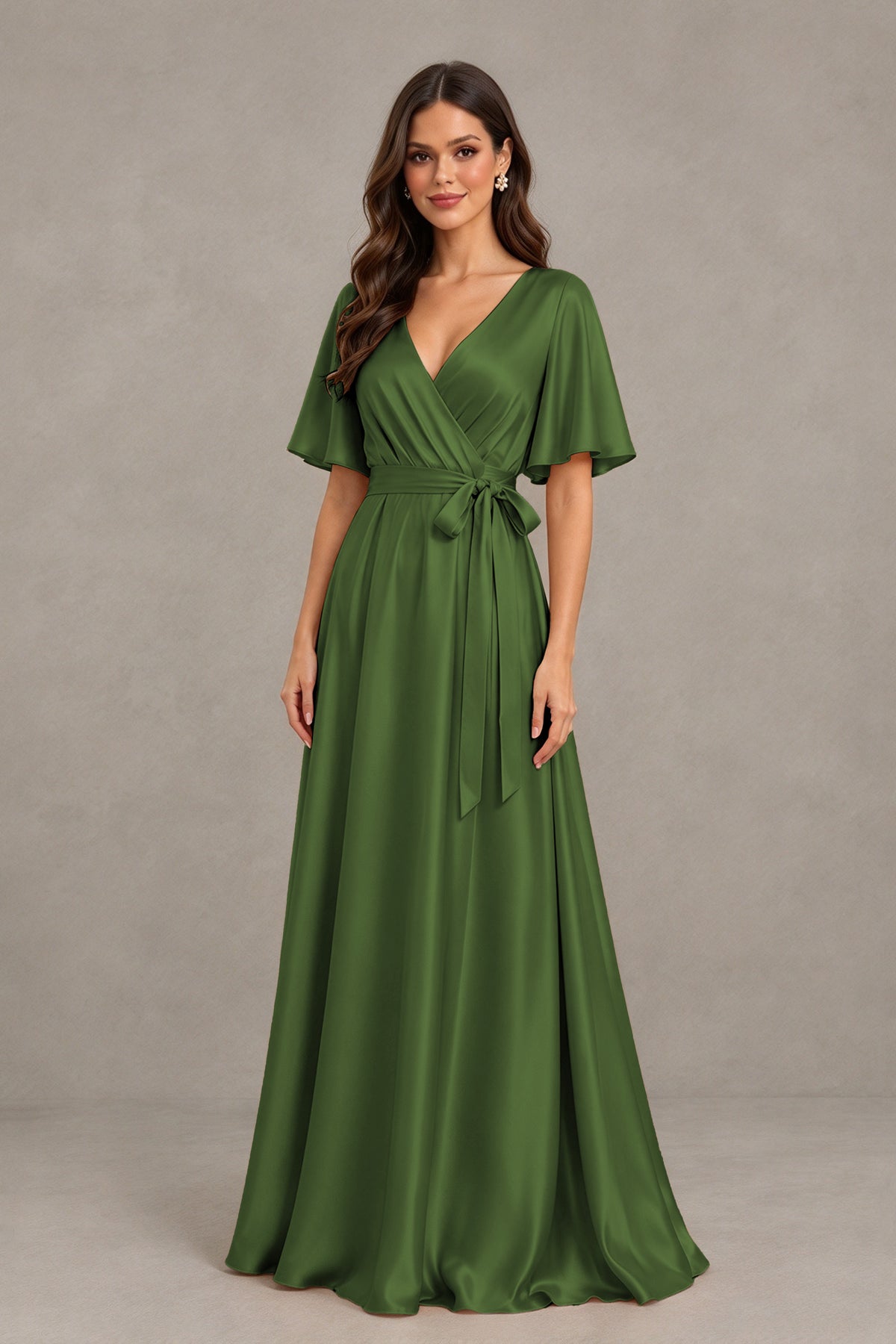 BOLODOO Olive Green Satin V-Neck Flutter Sleeve Bridesmaid Dress with Slit - Olive Green - Olive Green(3)