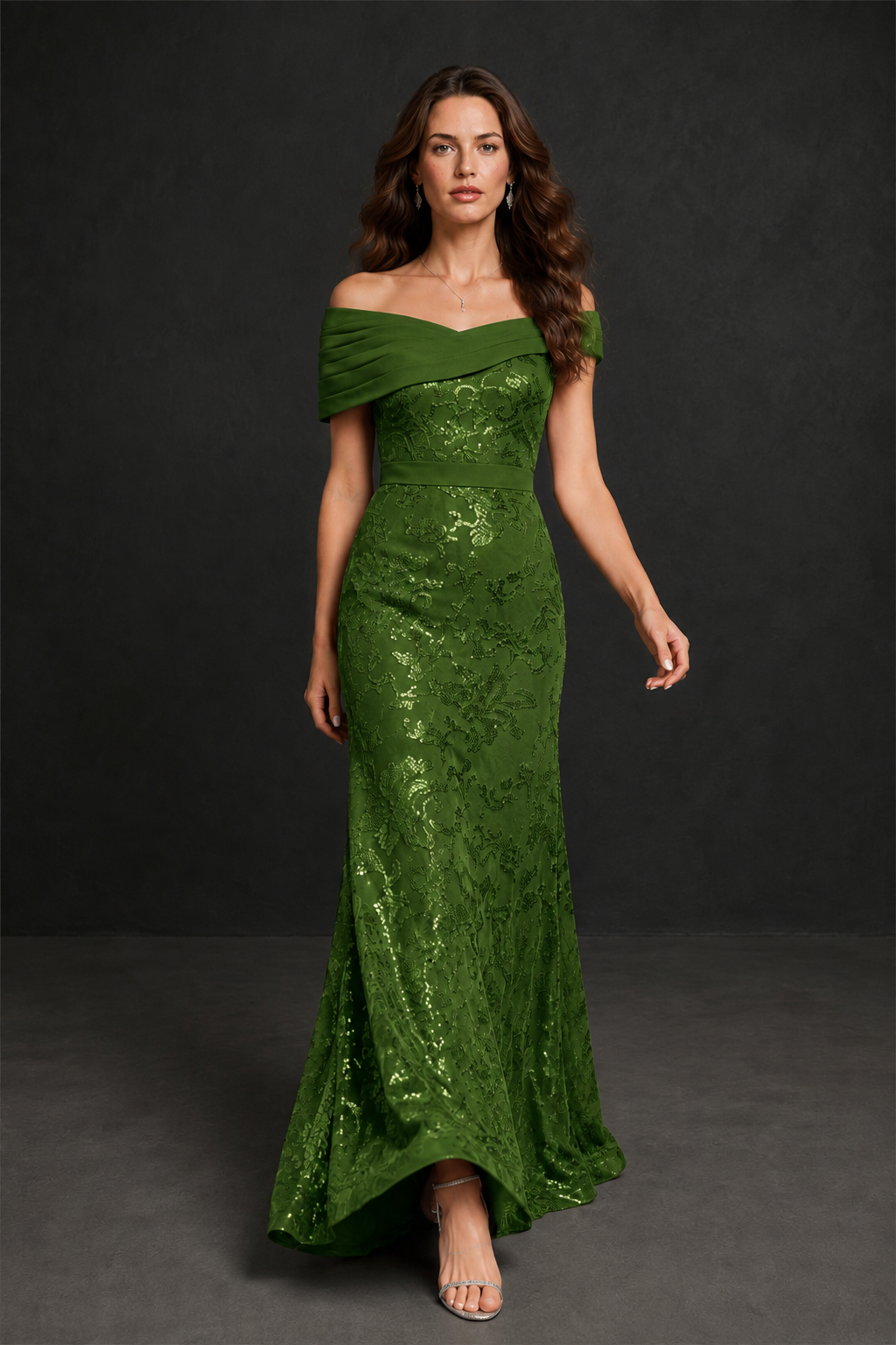 BOLODOO Olive Green Off-Shoulder Sequin Lace Mermaid Evening Gown | Mother of the Bride Formal Dress - Olive Green