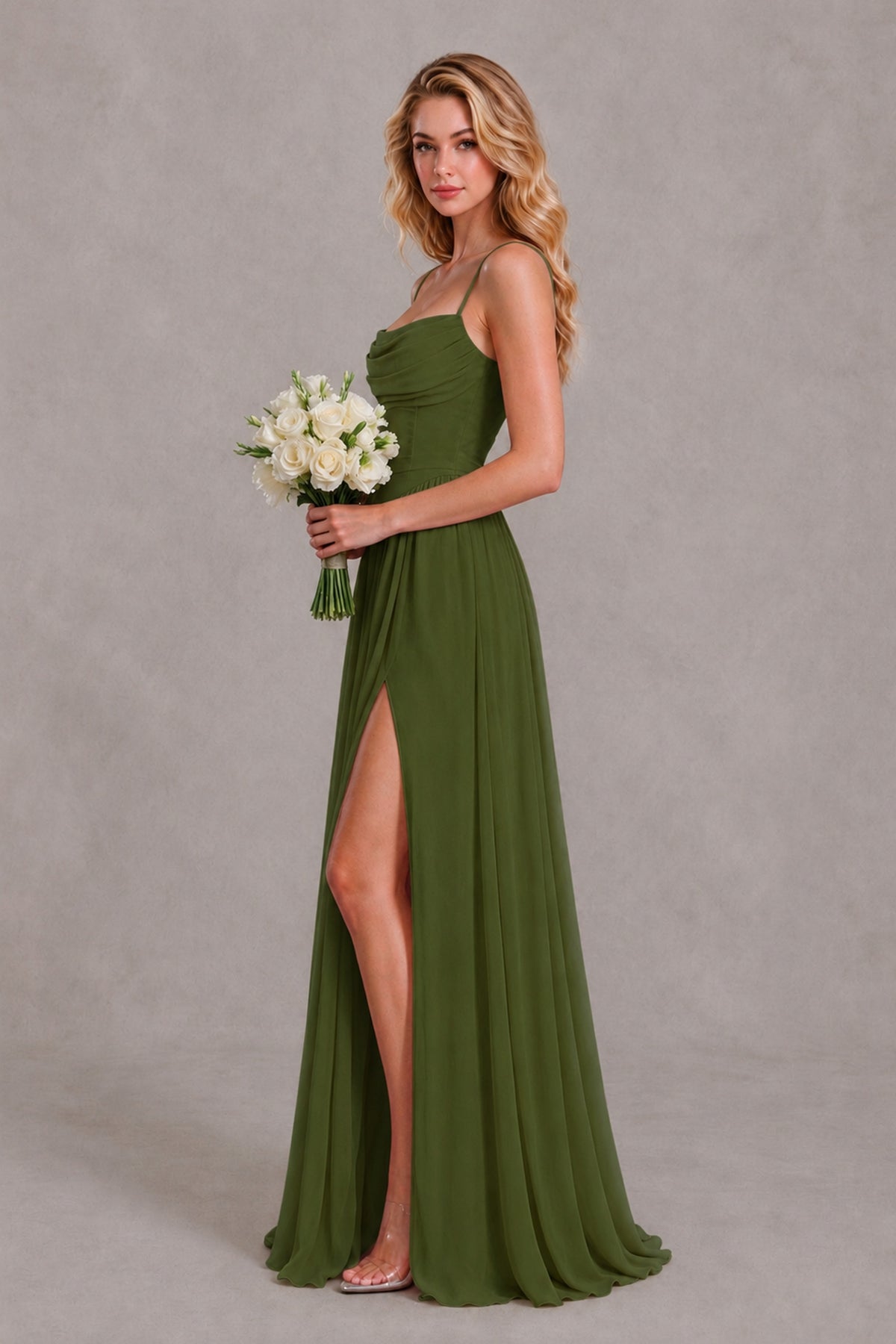 BOLODOO Olive Green Spaghetti Strap A-Line Bridesmaid Dress with Slit - Olive Green - Olive Green_3