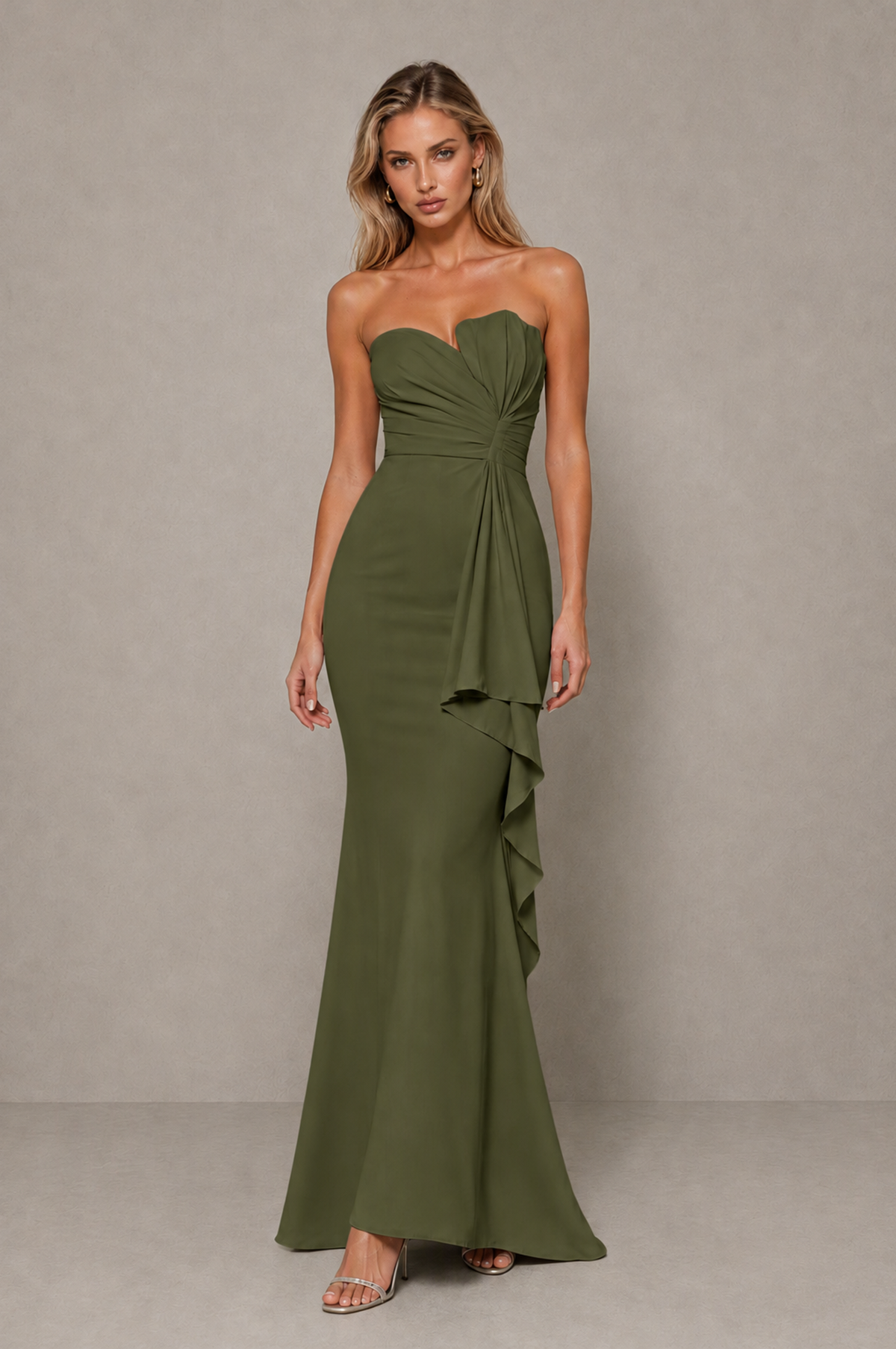 BOLODOO Olive Green Strapless Sweetheart Ruched Mermaid Gown | Cascade Drape Formal Evening Dress - Olive Green - Olive_Green_3