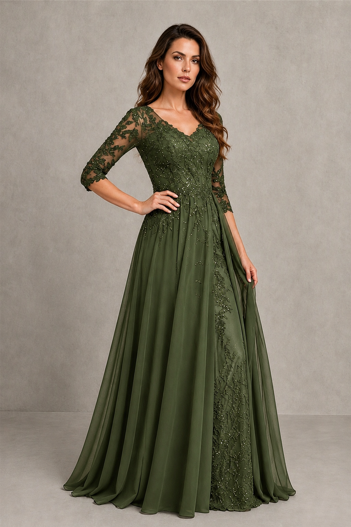 BOLODOO Midnight Olive Green Beaded Lace Appliqué Chiffon A-Line Gown | Mother of the Bride & Formal Evening Dress - Olive Green - Olive Green_3