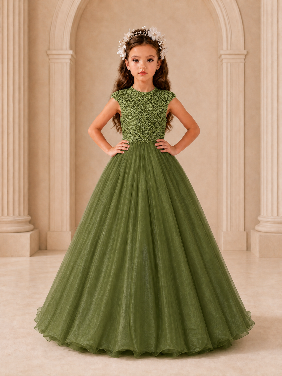 BOLODOO Olive Green Sequin Tulle Flower Girl Dress with Cap Sleeves - Olive Green - Olive Green_3