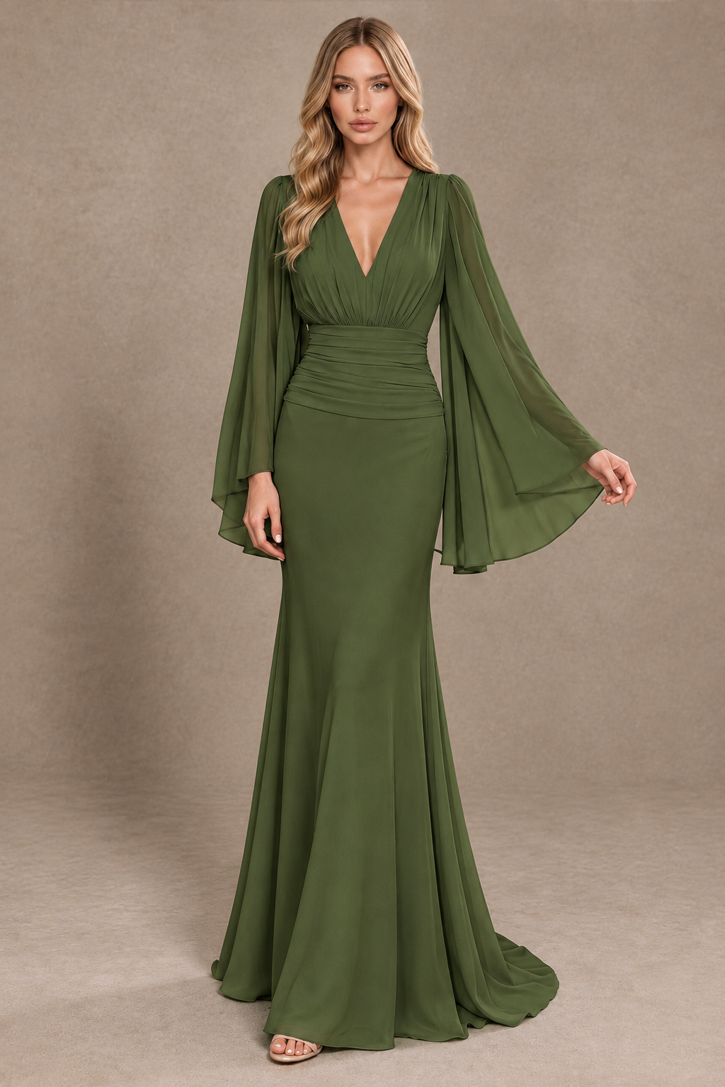 BOLODOO Olive Green Cape Sleeve V-Neck Ruched Chiffon Evening Dress - Olive Green - Olive Green_3
