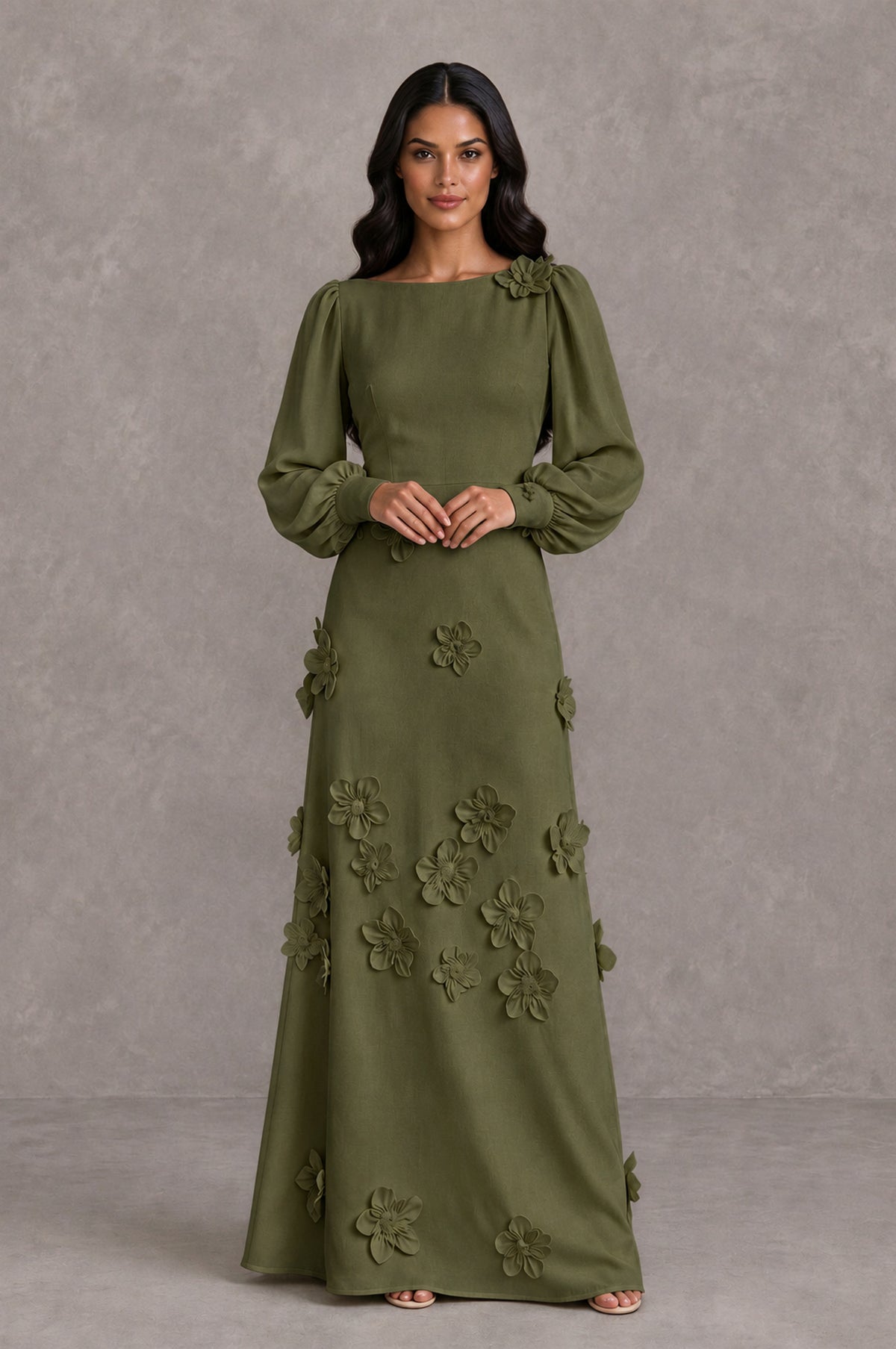 BOLODOO Olive Green Long Sleeve Floral Applique A-Line Evening Dress - Olive Green - Olive Green_3