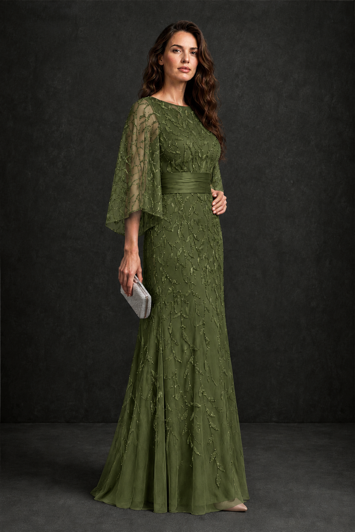 BOLODOO Olive Green Bateau Neck Bell Sleeve Sequin Embroidered Satin Waist A-Line Maxi Dress - Olive Green - Olive_Green_3