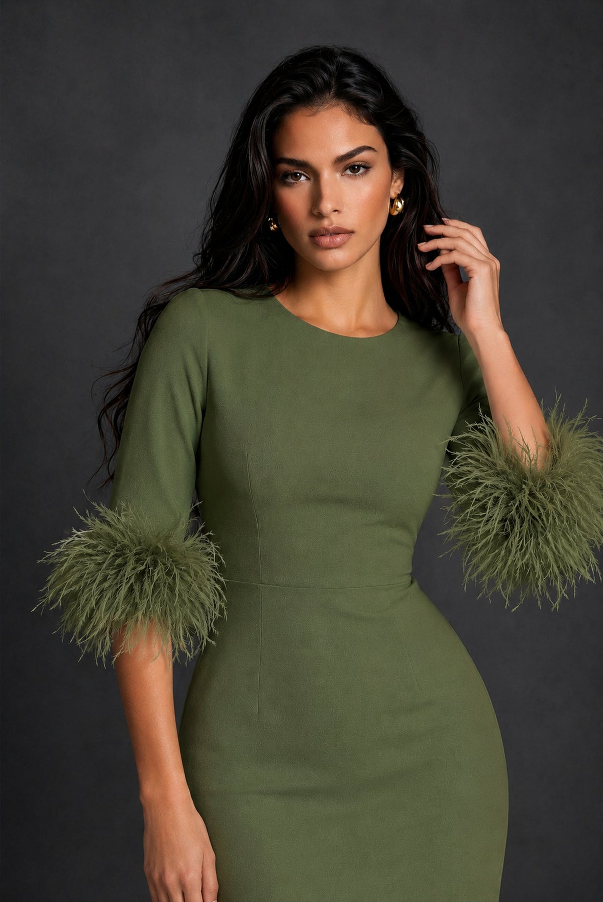 BOLODOO Olive Green Ostrich Feather Cuff 3/4 Sleeve Round Neck Bodycon Midi Dress with Back Slit - Olive Green