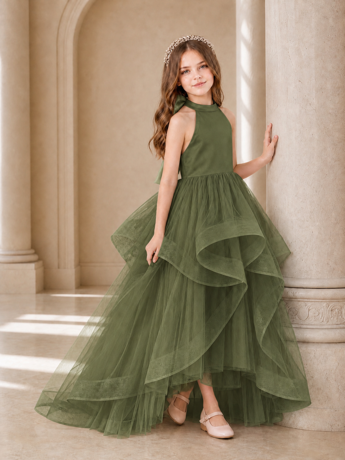 BOLODOO Olive Green Halter Tiered Tulle Flower Girl Dress with Bow Back - Olive Green - Olive Green_3