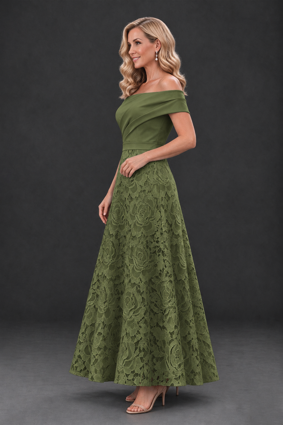 BOLODOO Olive Green Off-the-Shoulder Floral A-Line Mother of the Bride Dress - Olive Green - Olive Green_3