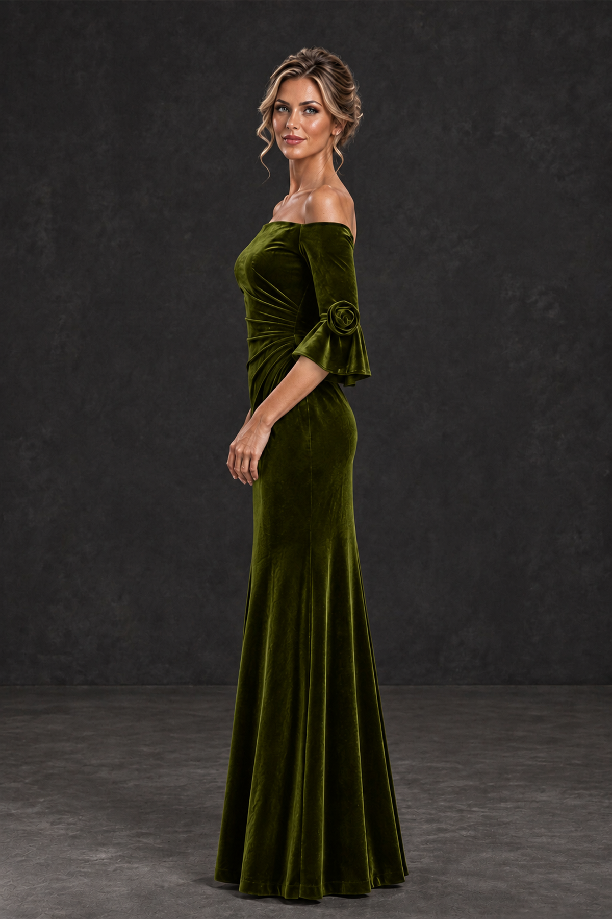BOLODOO Olive Green Velvet Off-Shoulder Mother of the Bride Dress – 3/4 Floral Cuff Sleeve Mermaid Evening Gown - Olive Green - Olive Green_3