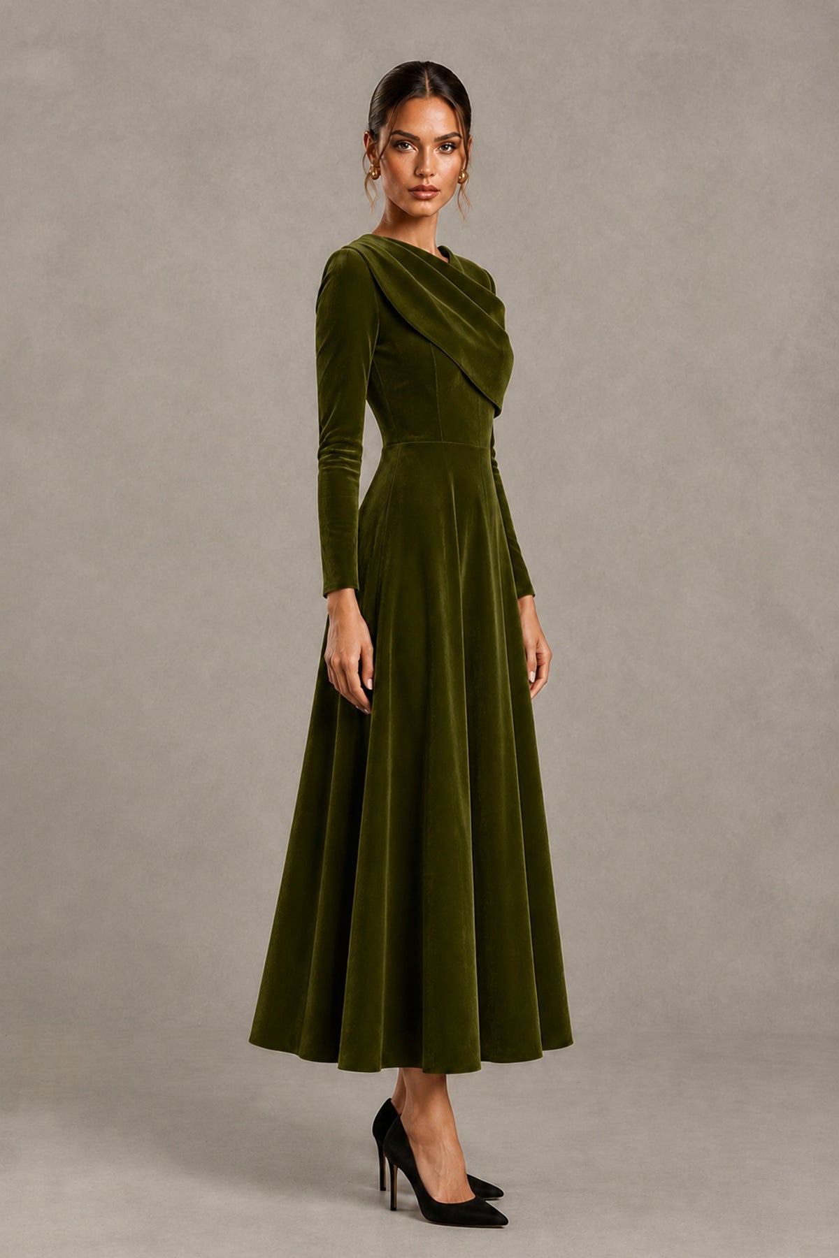 BOLODOO Olive Green Velvet-Look Long Sleeve Tea-Length A-Line Dress with Draped Neckline - Olive Green - Olive Green_3