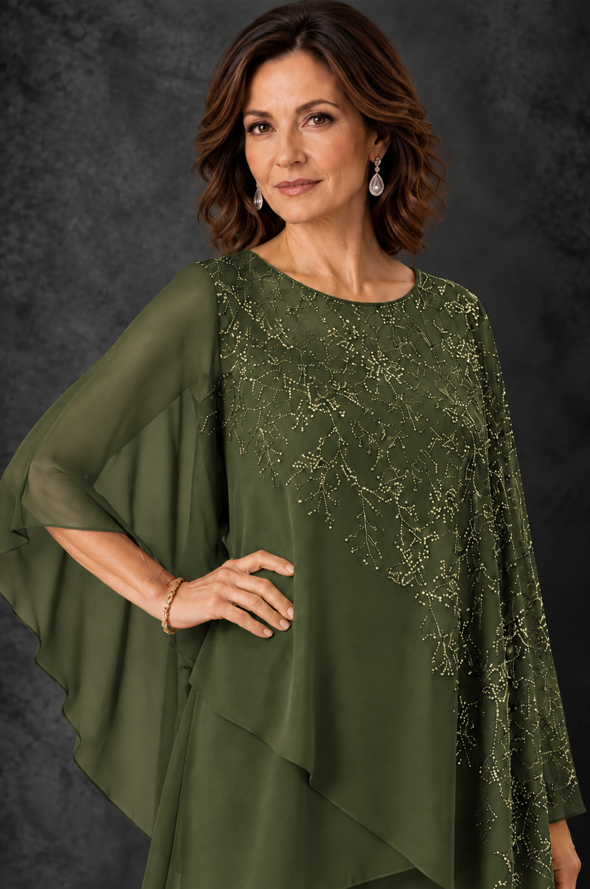 BOLODOO Olive Green Embellished Cape Pant Suit for Mother of the Bride - Olive Green - Olive_Green_3