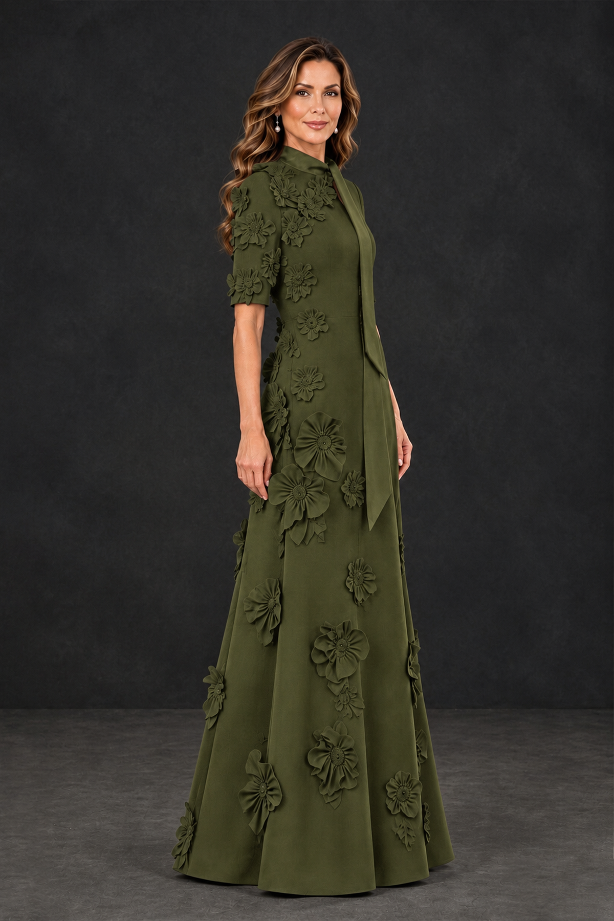 BOLODOO Olive Green Floral Applique High-Neck Half-Sleeve Gown - Olive Green - Olive Green_3