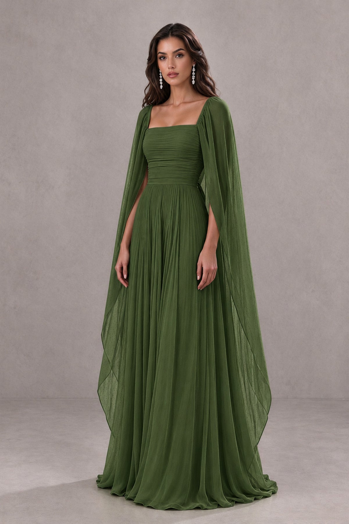 BOLODOO Olive Green Square Neck Cape Sleeve A-Line Evening Dress - Olive Green - Olive_Green_3