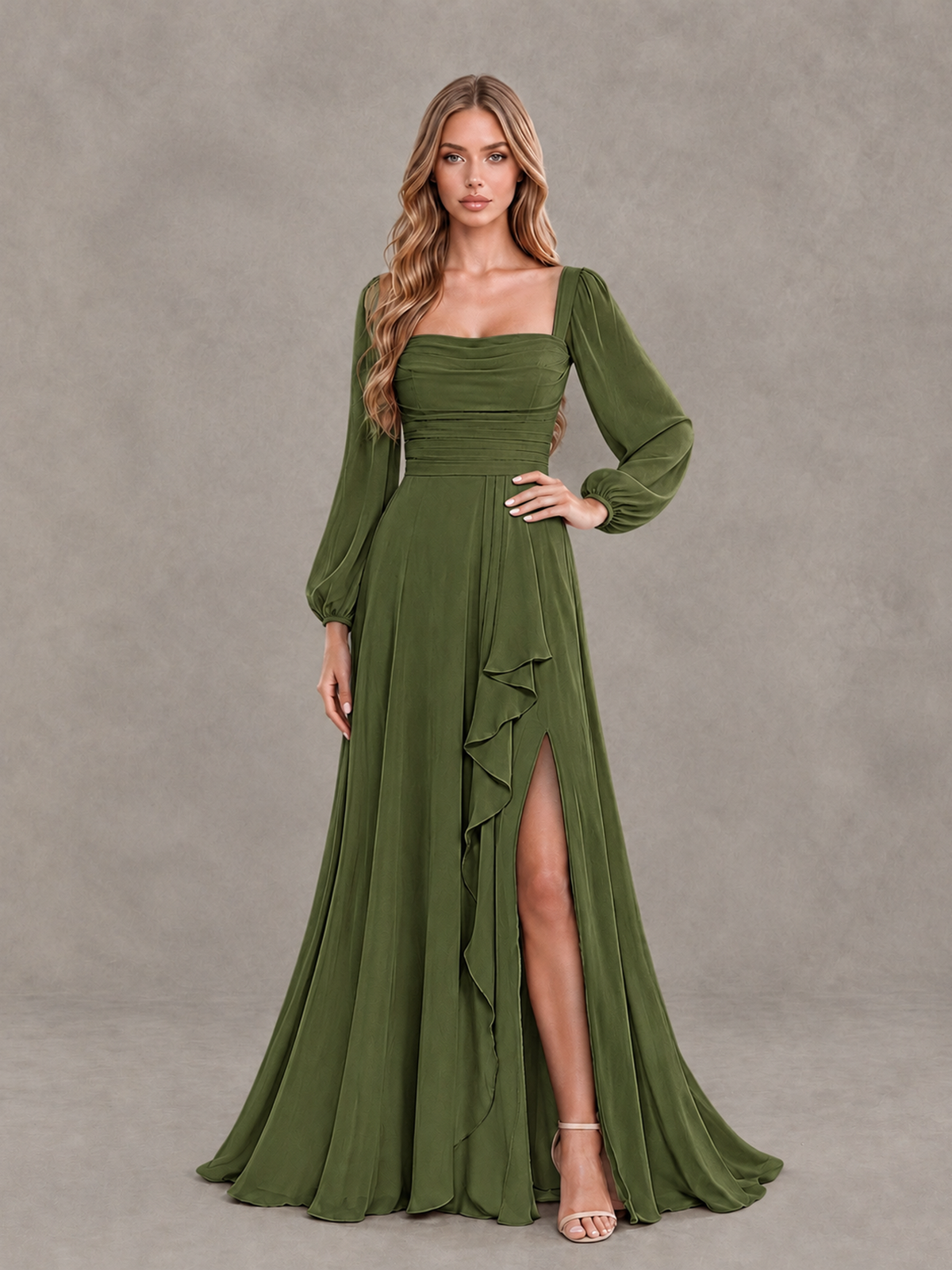 BOLODOO Olive Green Square Neck Long Sleeve Bridesmaid Dress with Ruffle Slit - Olive Green - Olive Green_3