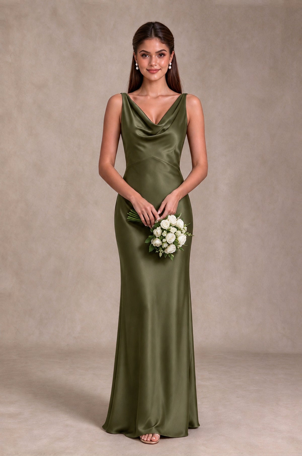BOLODOO Olive Green Cowl Neck Open Back Satin Bridesmaid Dress - Olive Green - Olive Green_3