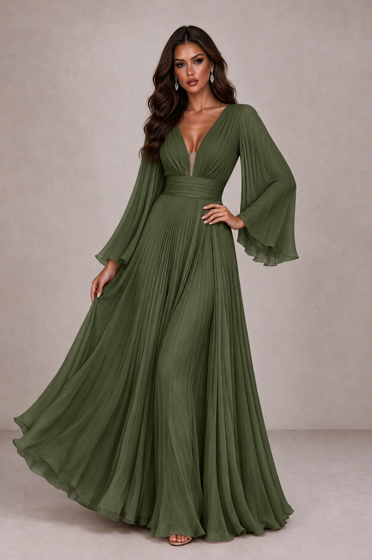 BOLODOO Olive Green Pleated Deep V-Neck Long Bell Sleeve Evening Dress - Olive Green - Olive_Green_3