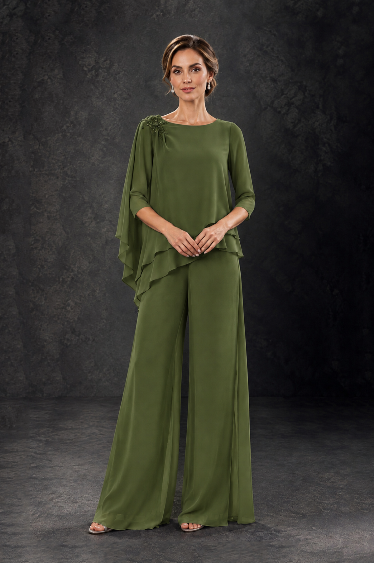 BOLODOO Olive Green Layered Wide-Leg Mother of the Bride Pant Suit - Olive Green - Olive Green_3