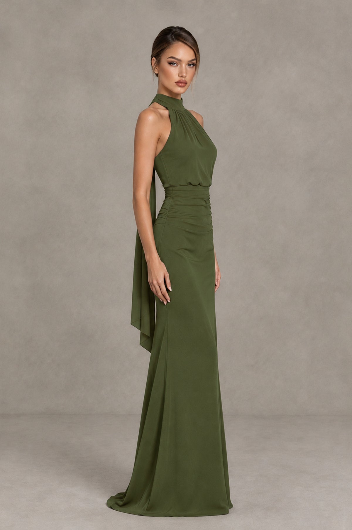 BOLODOO Olive Green Chiffon Halter Maxi Formal Wedding Guest Dress - Olive Green - Olive Green_3
