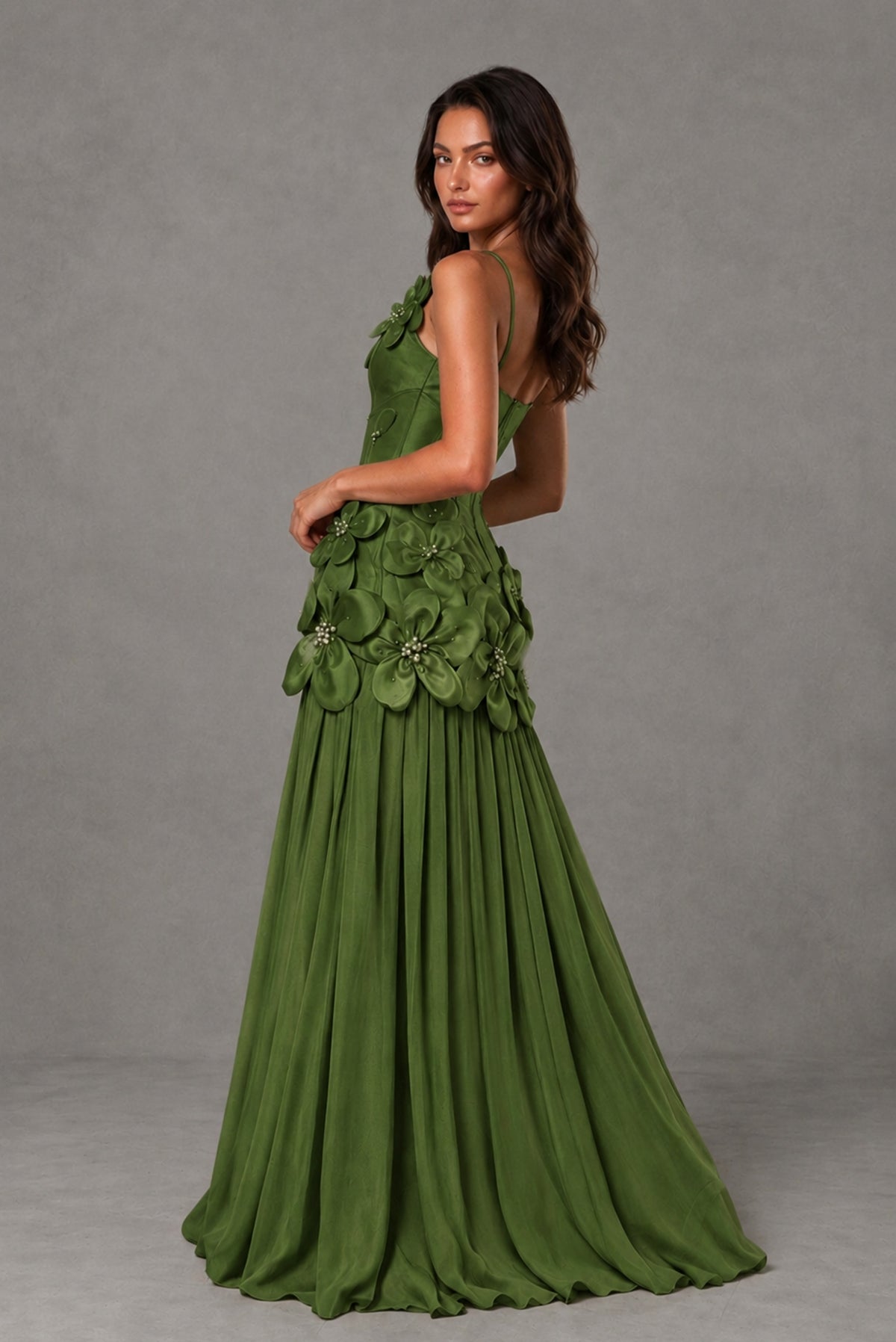 BOLODOO Olive Green 3D Floral Appliqué Floor-Length A-Line Evening Gown - Olive Green