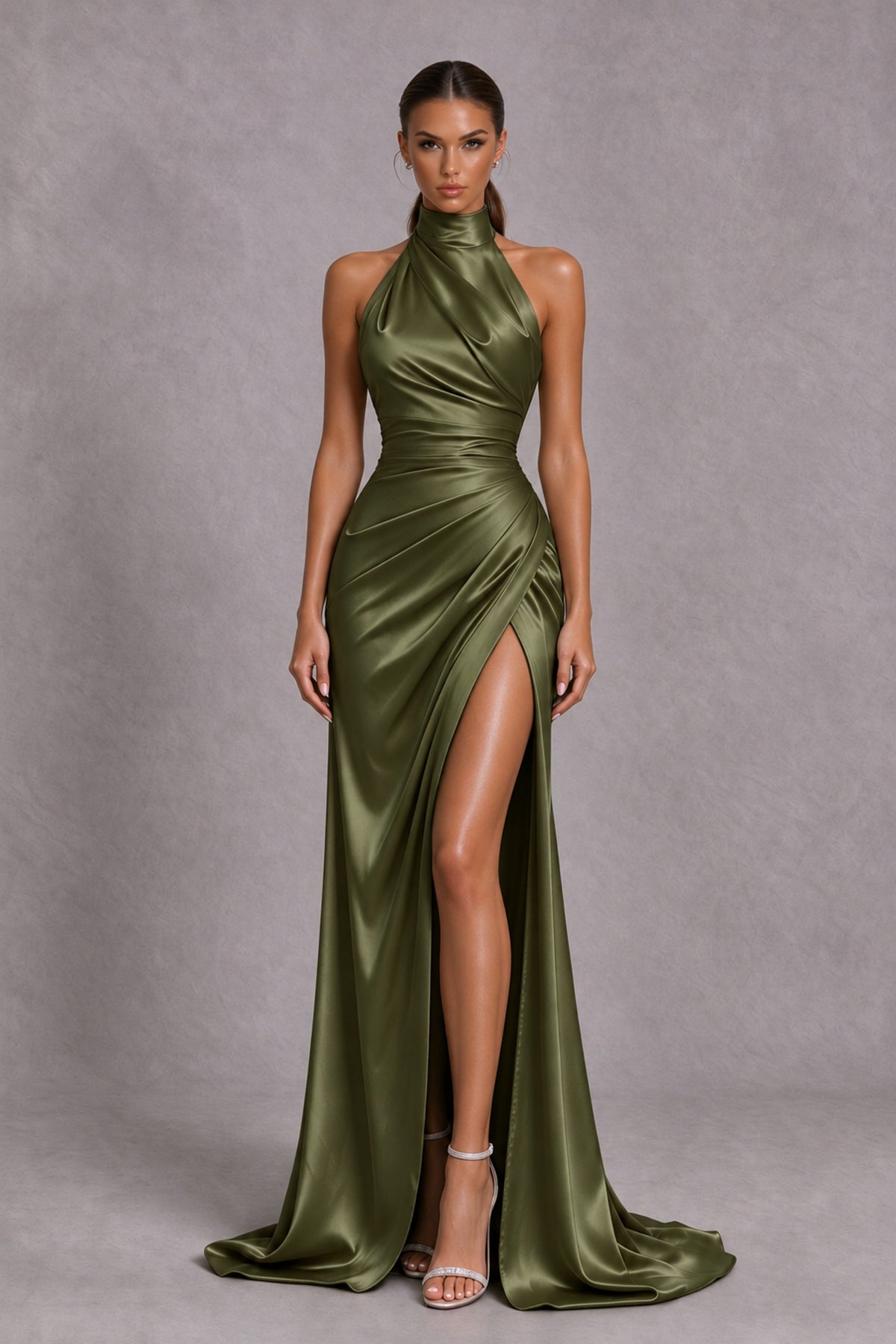 BOLODOO Olive Green Halter Satin-Look Evening Gown with High Slit - Olive Green - Olive Green_3
