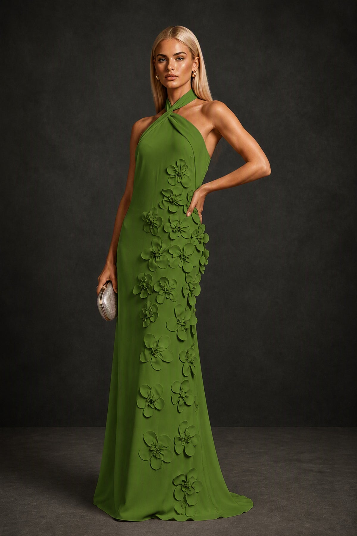 BOLODOO Olive Green Cross Halter Neck 3D Floral Appliqué Backless Mermaid Maxi Gown - Olive Green