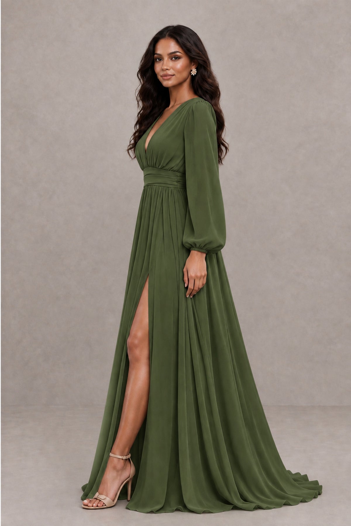 BOLODOO Olive Green Long Sleeve V-Neck A-Line Gown with Open Back & Slit - Olive Green - Olive Green_3