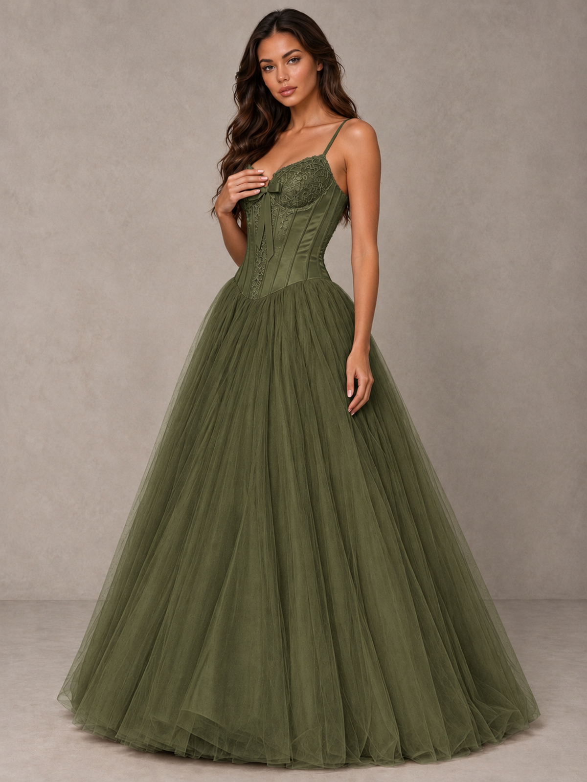 BOLODOO Olive Green Corset Tulle Prom Dress with Spaghetti Straps - Olive Green - Olive_Green_3