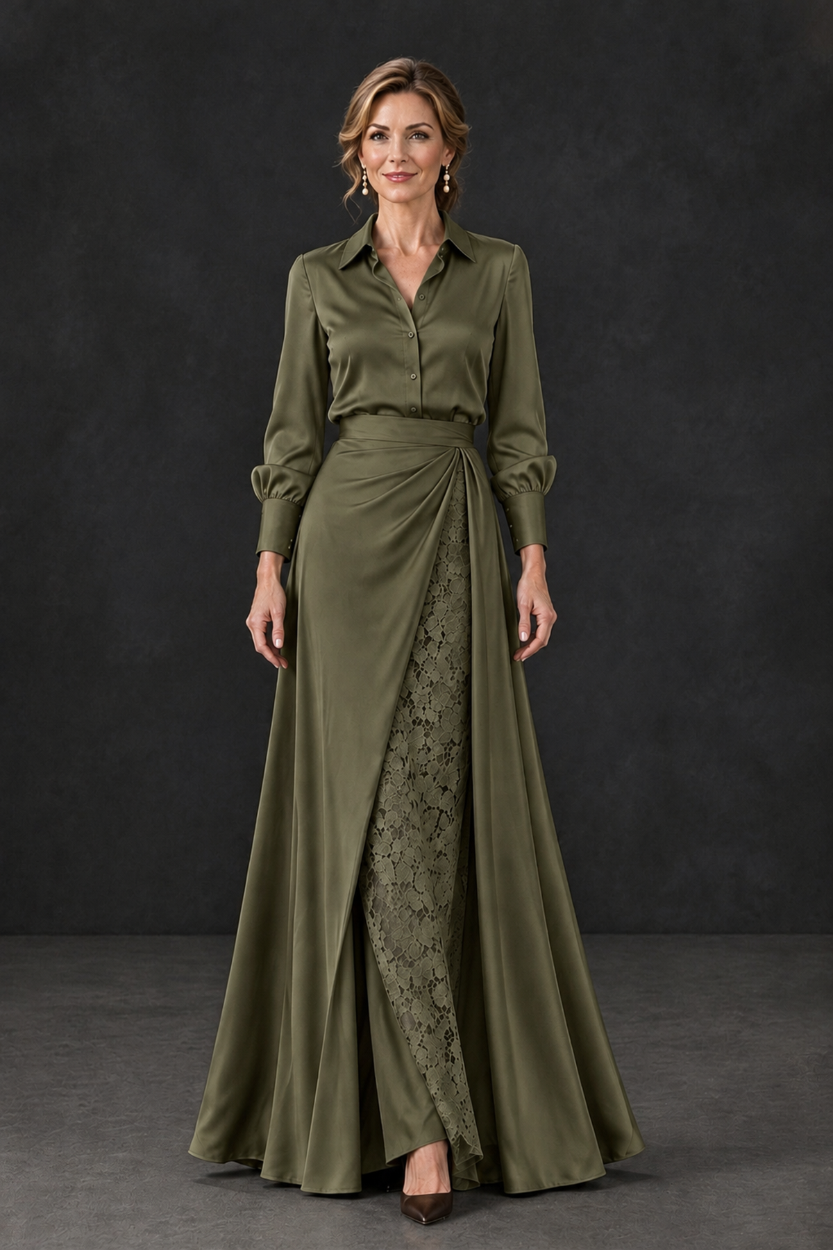 BOLODOO Olive Green Long Sleeve Satin-Look Lace Panel Gown - Olive Green - Olive Green_4