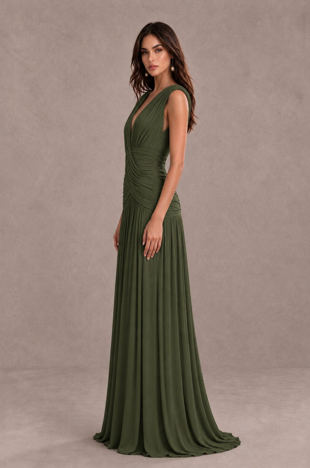 BOLODOO Olive Green V-Neck Ruched Wedding Guest Dress - Olive Green - Olive Green_4