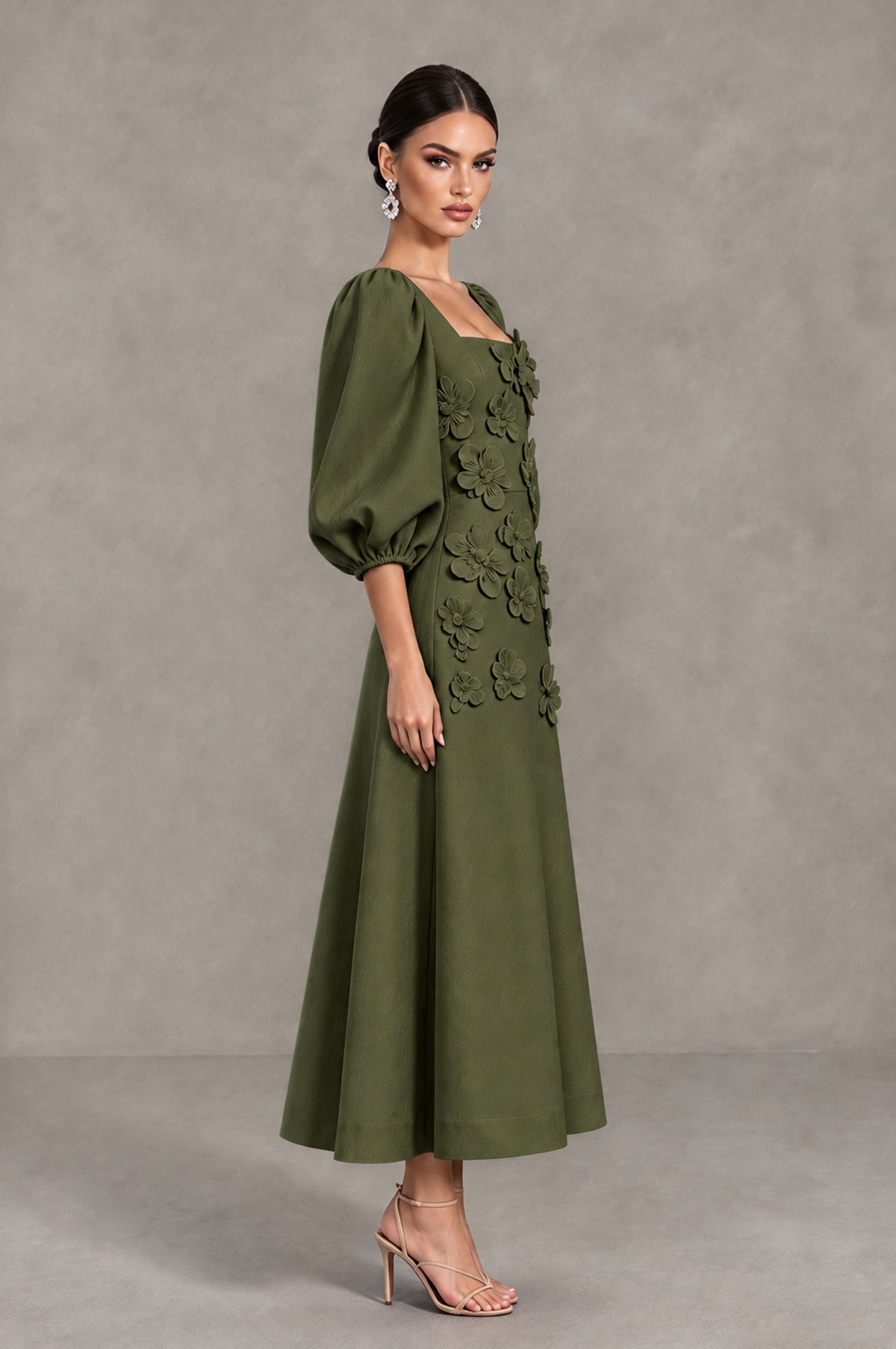 BOLODOO Olive Green 3D Floral Puff Sleeve Midi Cocktail Dress - Olive Green - Olive Green_4