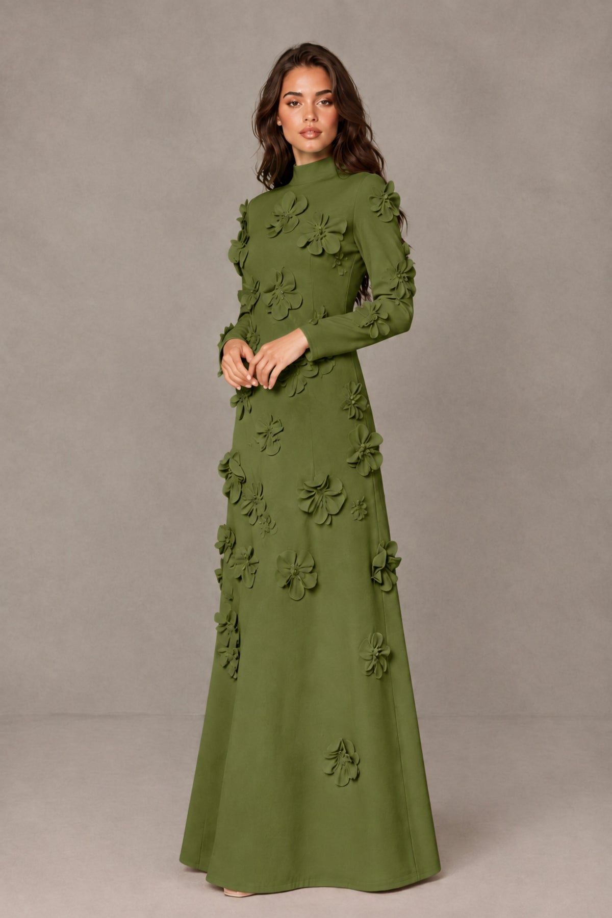 BOLODOO Olive Green High Neck Long Sleeve 3D Floral Evening Gown - Olive Green