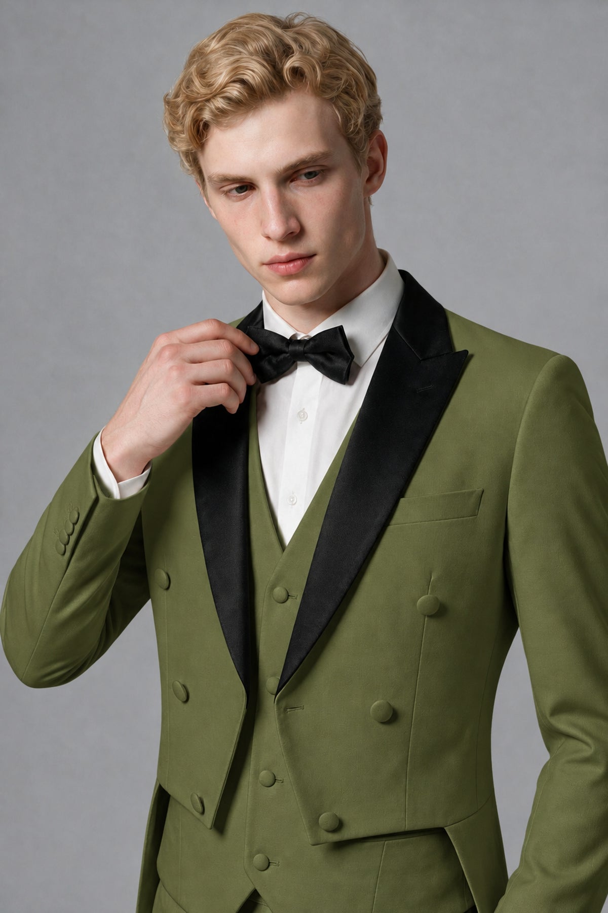 Bolodoo Men's Olive Green 3-Piece Tailcoat Tuxedo Suit with Vest & Trousers - Olive Green - Olive Green_4