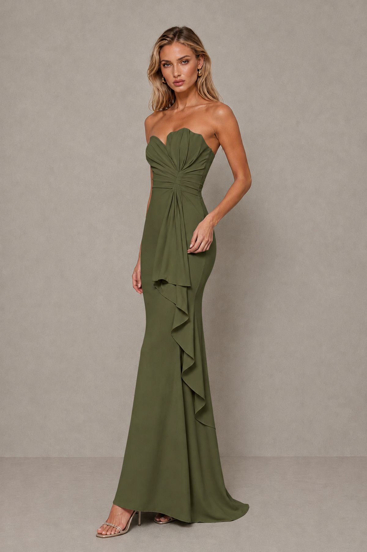 BOLODOO Olive Green Strapless Sweetheart Ruched Mermaid Gown | Cascade Drape Formal Evening Dress - Olive Green - Olive_Green_4
