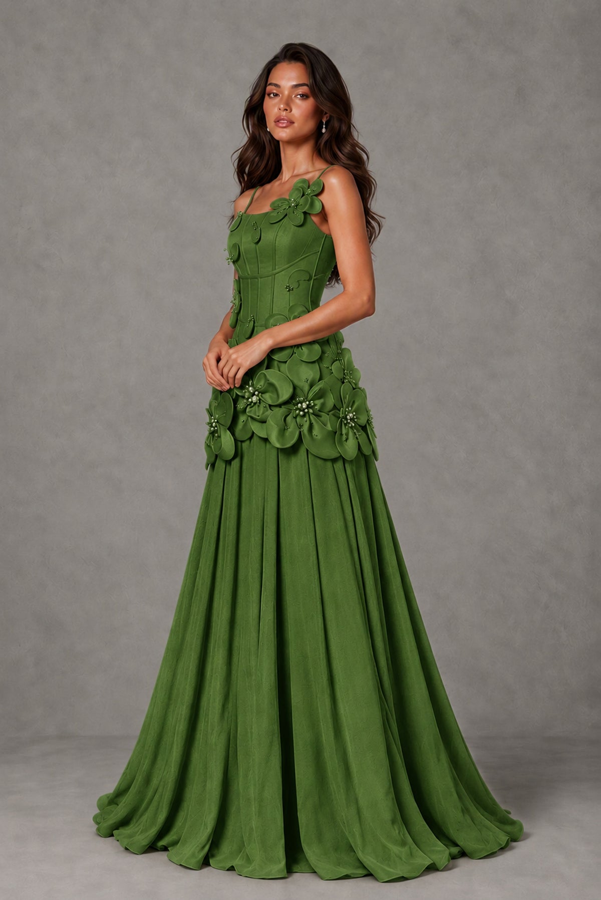 BOLODOO Olive Green 3D Floral Appliqué Floor-Length A-Line Evening Gown - Olive Green