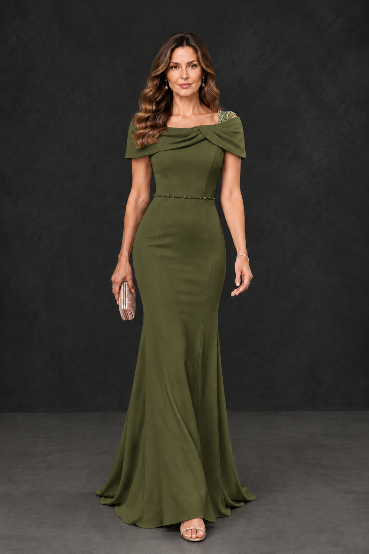 BOLODOO Olive Green Mother of the Bride Dress with Draped Cape Detail - Olive Green - Olive_Green_4