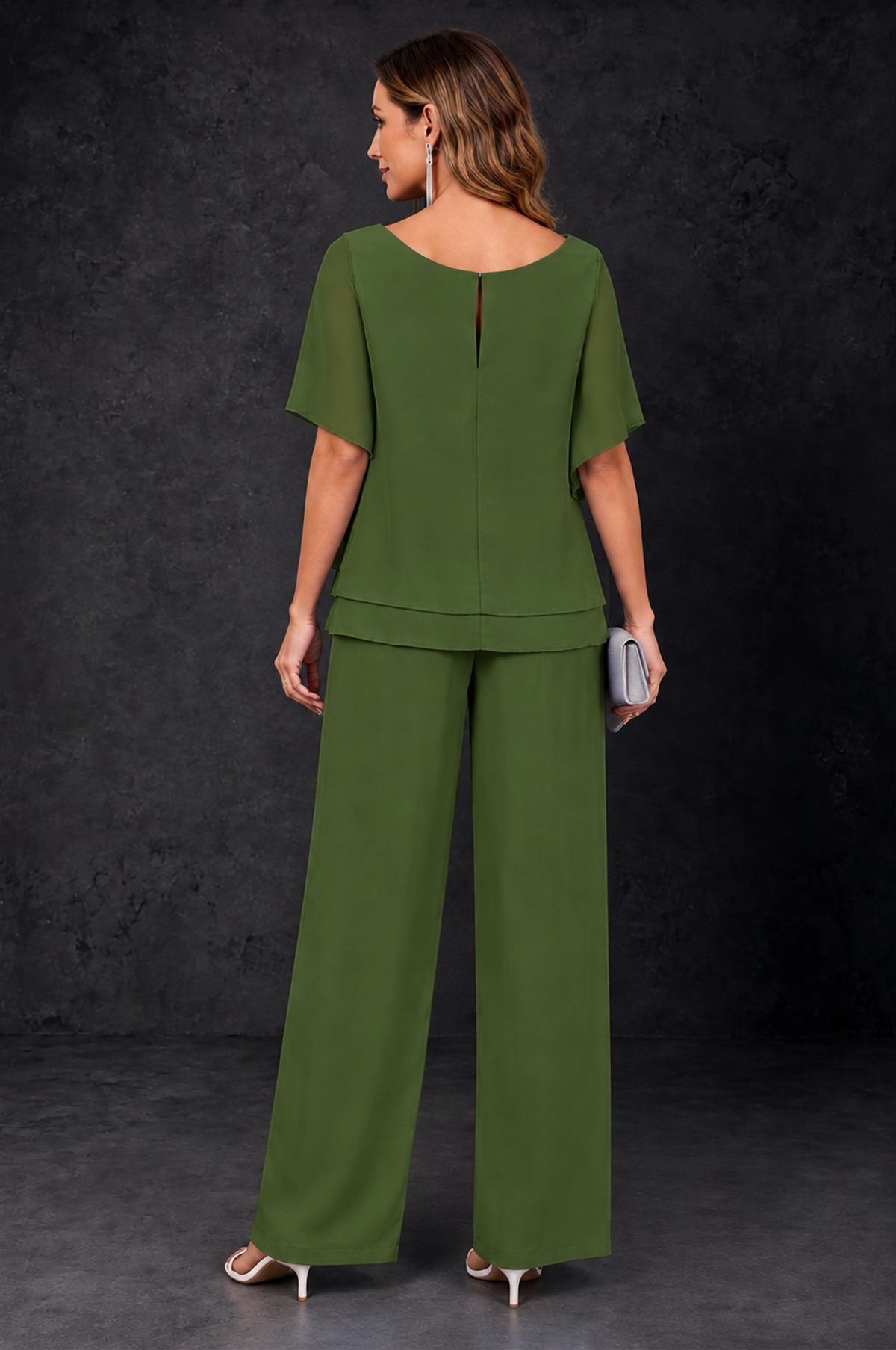 BOLODOO Olive Green Layered Chiffon-Look Mother of the Bride Pantsuit - Olive Green - Olive_Green_4