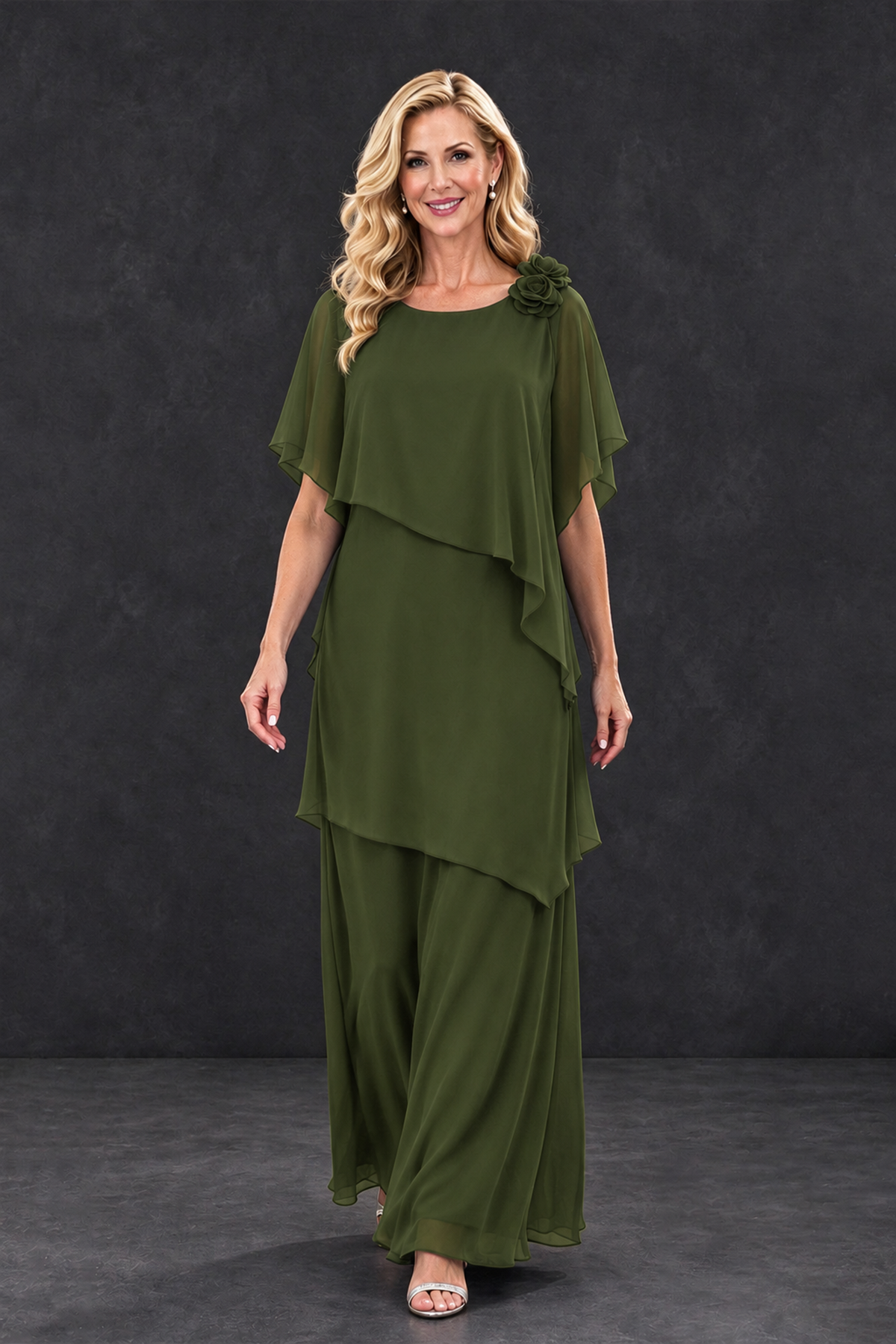 BOLODOO Olive Green Tiered Flutter Sleeve Mother of the Bride Maxi Dress - Olive Green - Olive Green_4