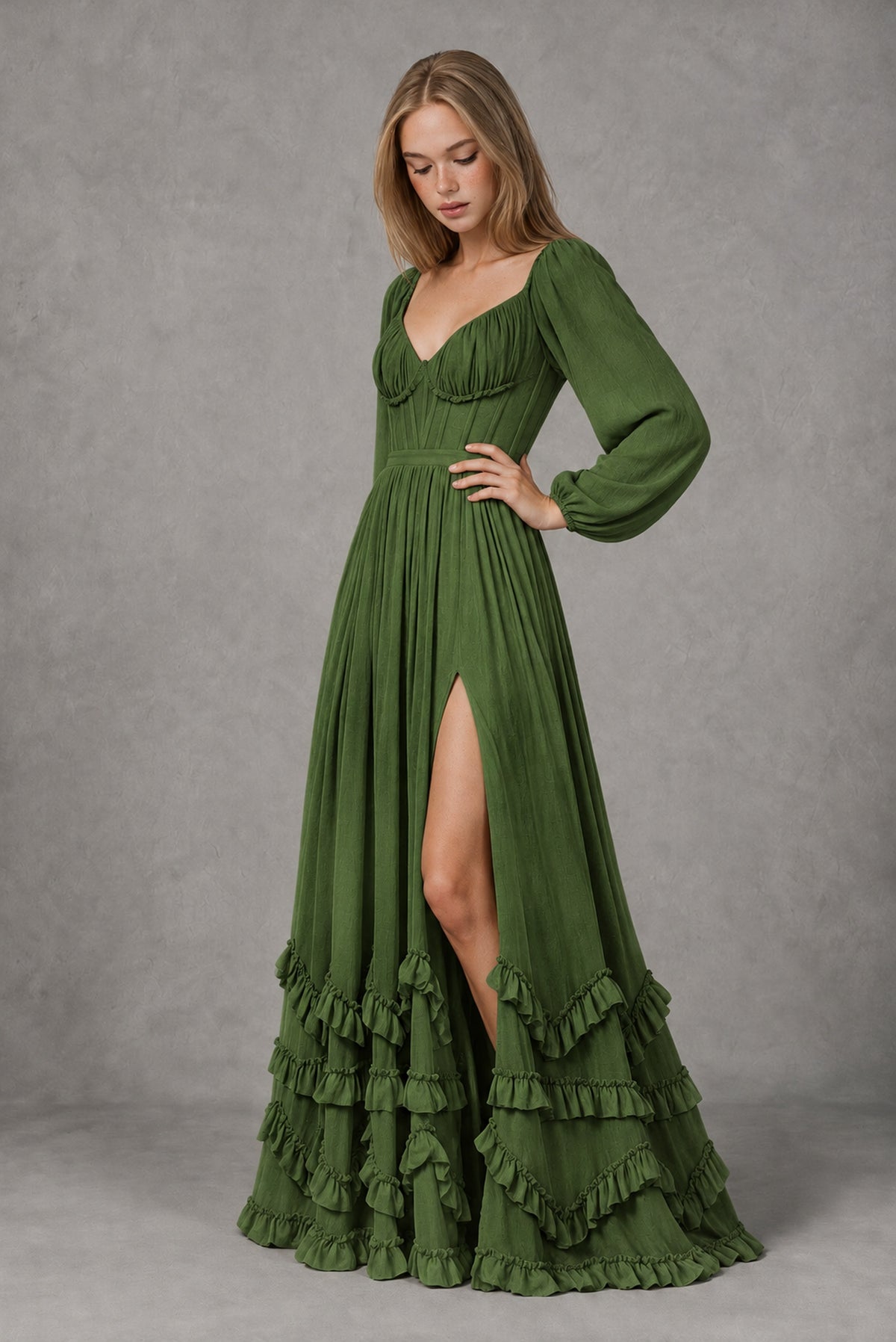 Olive Green Long-Sleeve Ruffle Maxi Dress with Lace-Up Back and Slit - Olive Green