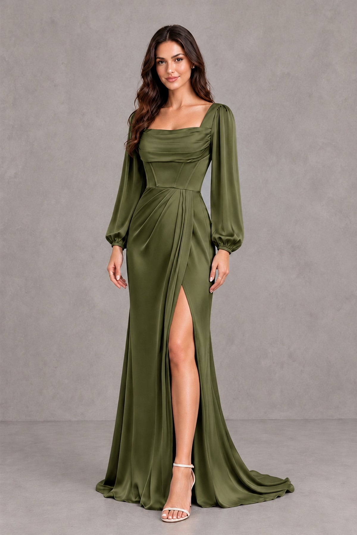 BOLODOO Olive Green Satin-Look Long Sleeve Evening Dress with High Slit - Olive Green - Olive Green_4