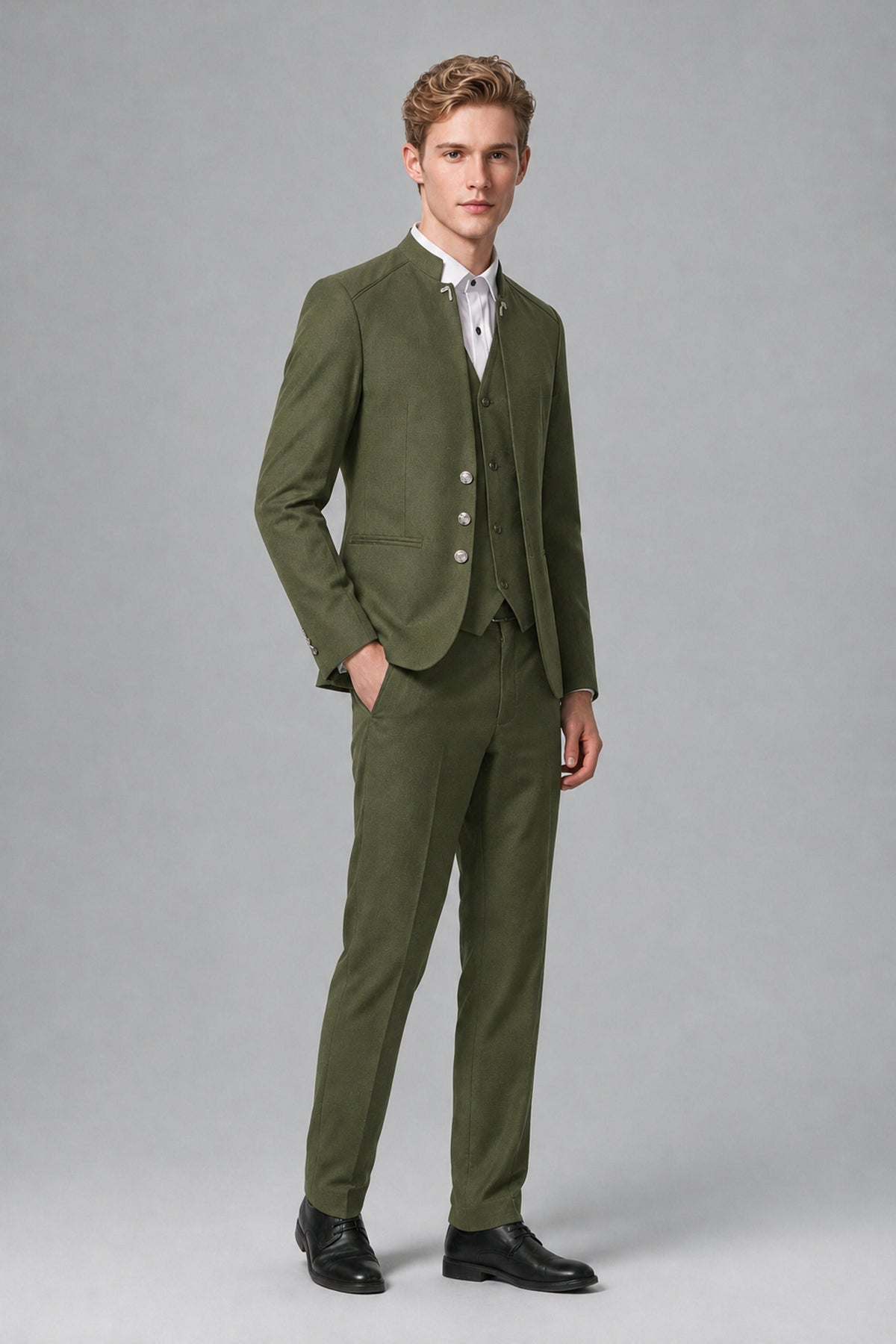 Bolodoo Men's Olive Green Mandarin Collar 3-Piece Suit – Jacket, Vest & Trousers - Olive Green - Olive Green_4
