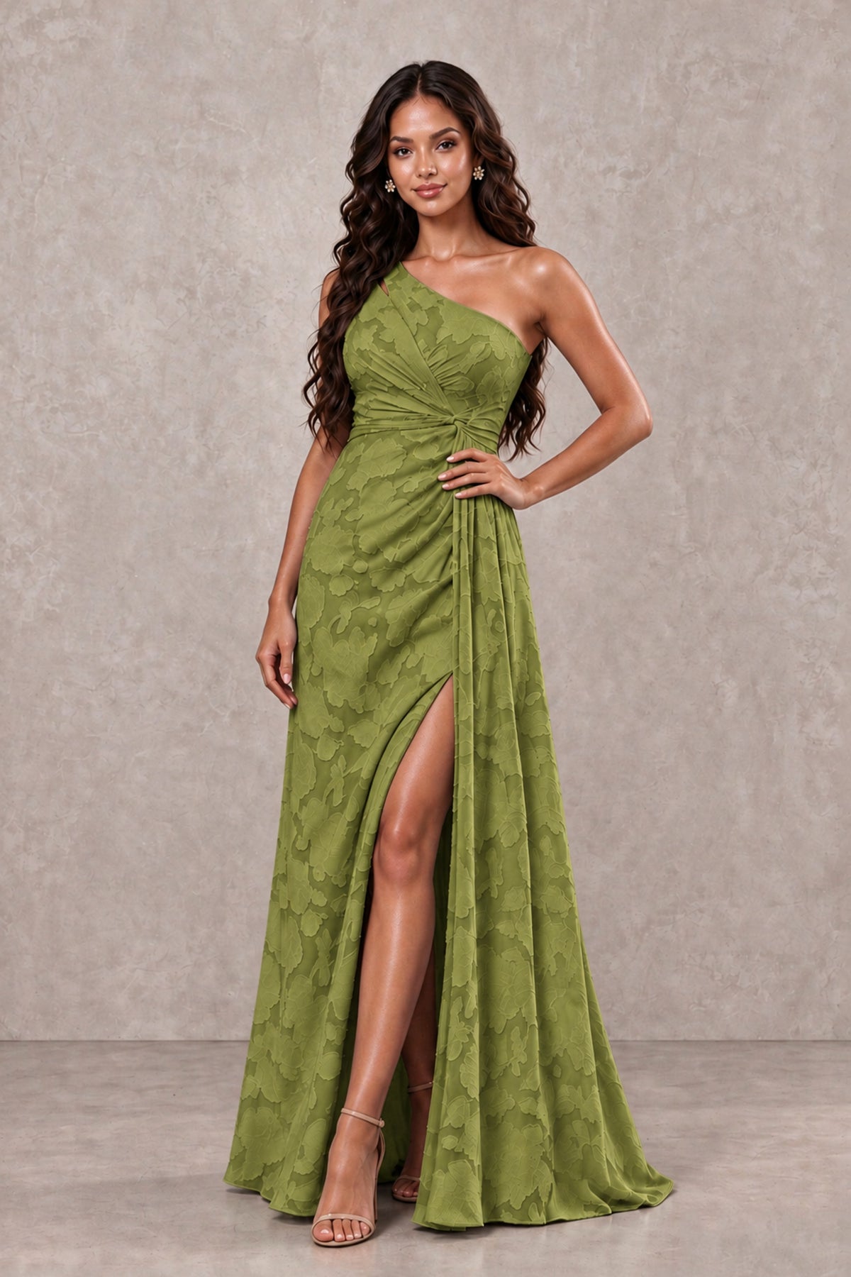 BOLODOO Olive Green One-Shoulder Floral Textured Maxi Dress with High Slit - Olive Green - Olive Green_4