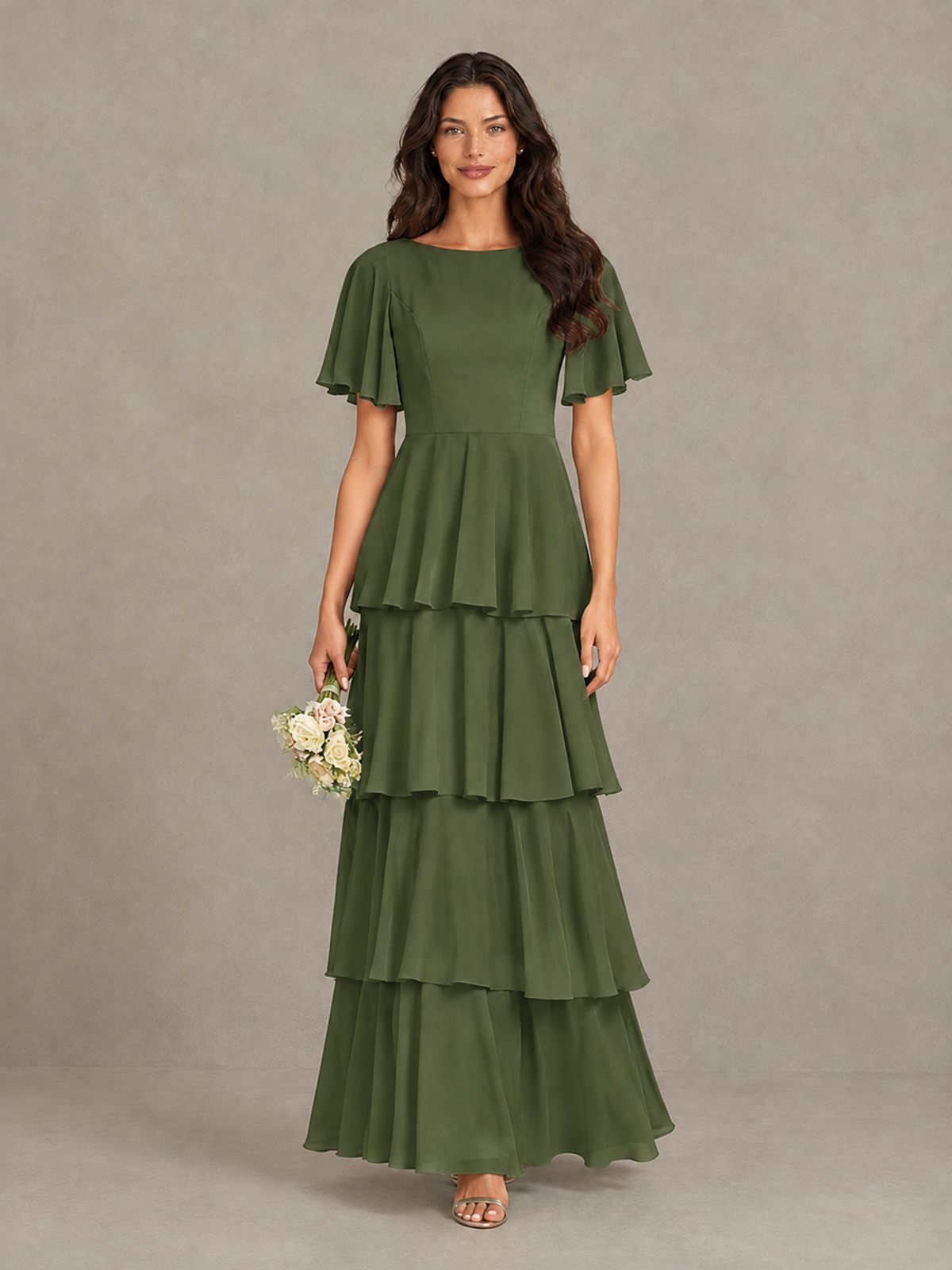 BOLODOO Olive Green Tiered Flutter Sleeve Bridesmaid Dress - Olive Green - Olive Green_4