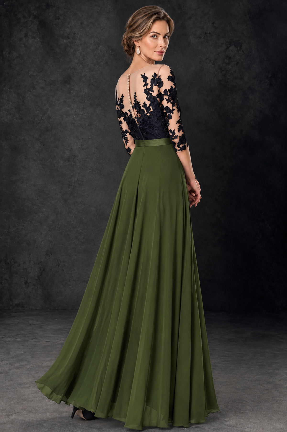 BOLODOO Olive Green Lace Wide-Leg Jumpsuit with Three-Quarter Sleeves - Olive Green - Olive_Green_4