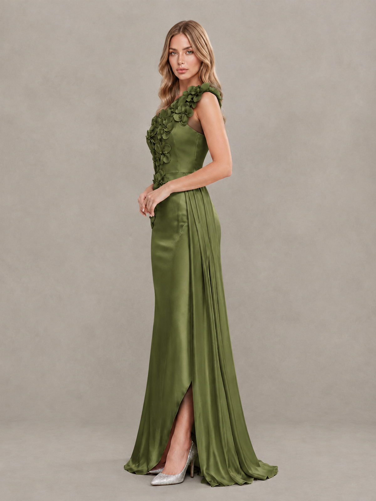 BOLODOO Olive Green One-Shoulder Satin Mermaid Evening Gown with 3D Floral Appliqué - Olive Green - Olive Green_4