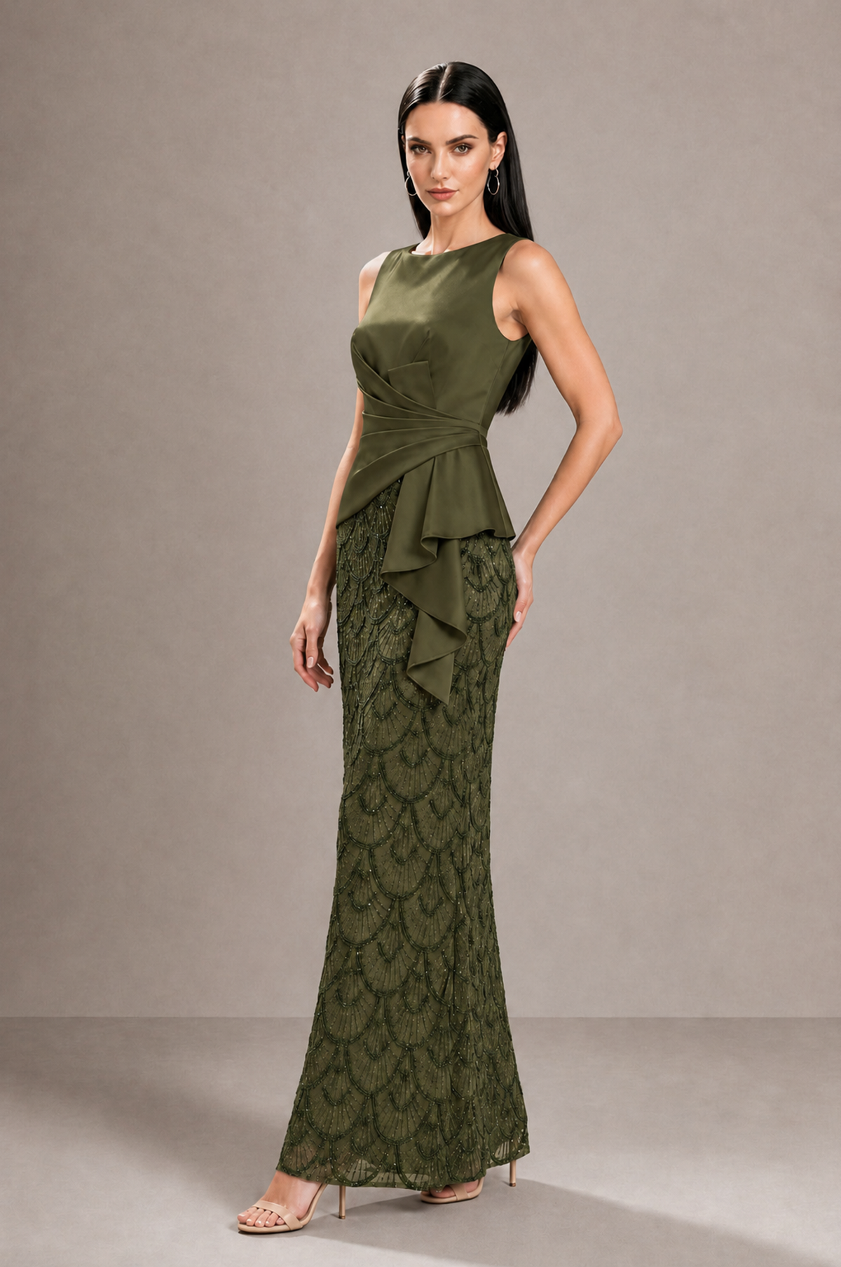 BOLODOO Olive Green Sleeveless Satin & Lace Peplum Evening Dress - Olive Green - Olive_Green_4
