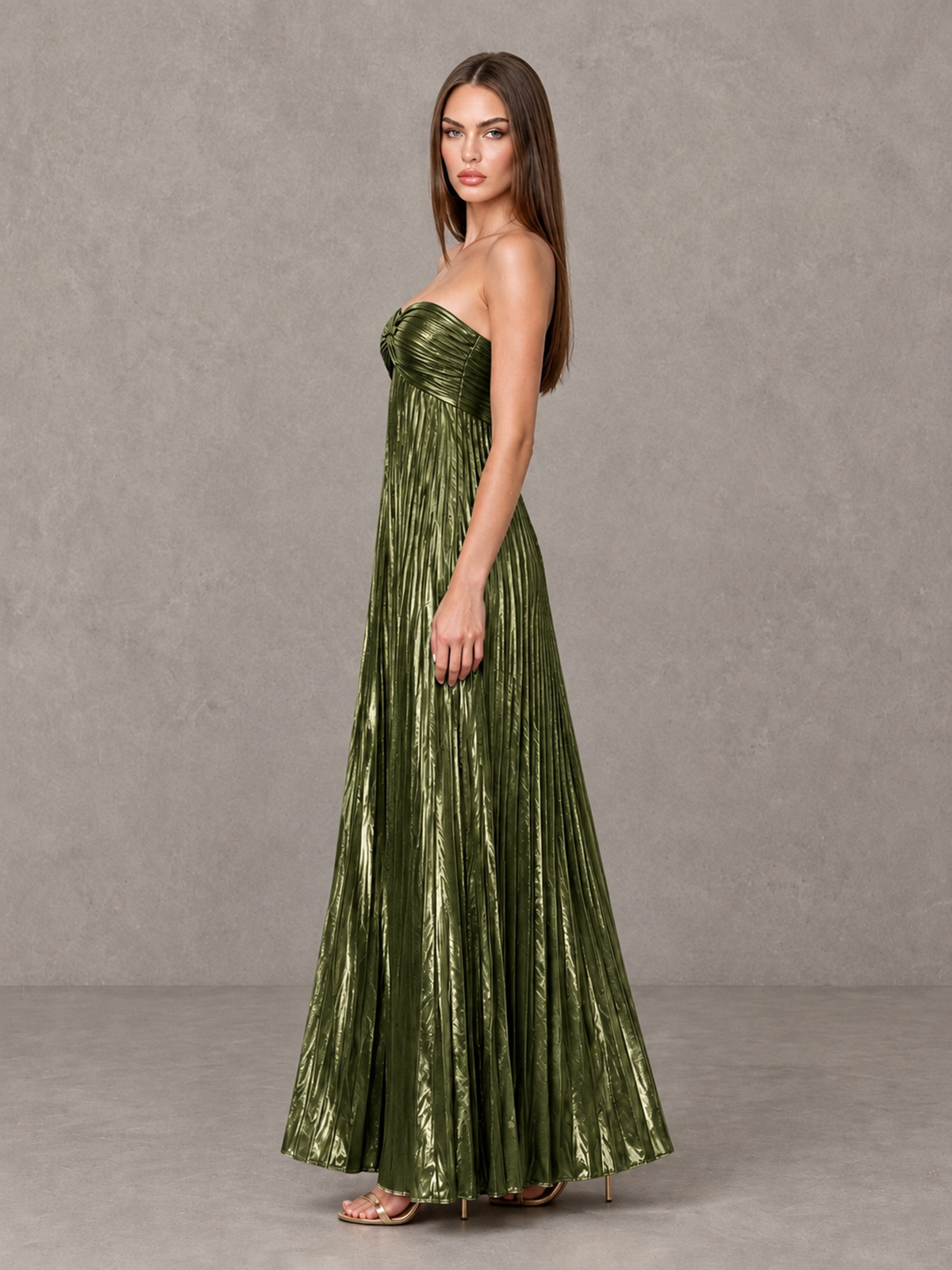 BOLODOO Olive Green Strapless Sweetheart Metallic Pleated Maxi Dress - Olive Green - Olive Green_4