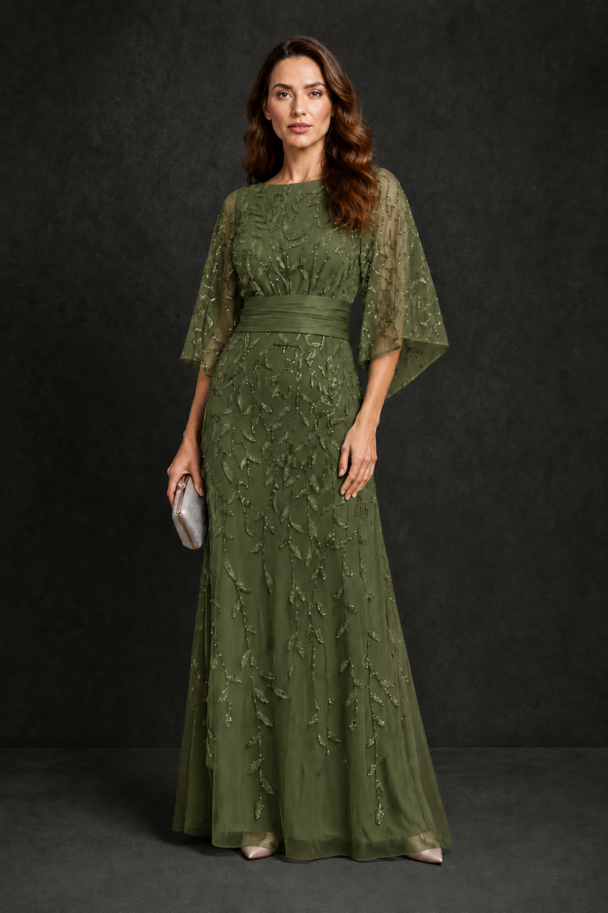 BOLODOO Olive Green Bateau Neck Bell Sleeve Sequin Embroidered Satin Waist A-Line Maxi Dress - Olive Green - Olive_Green_4
